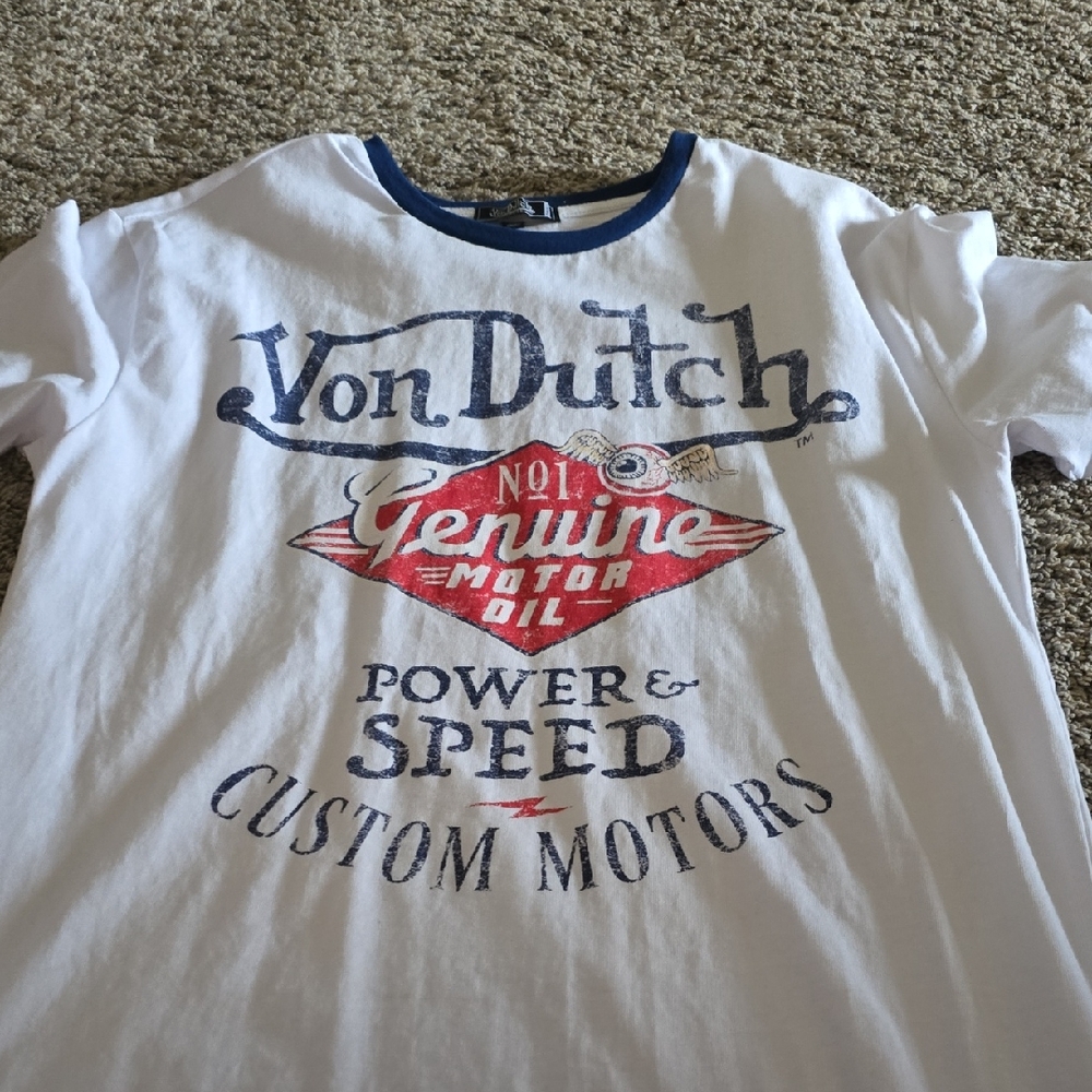Von Dutch White Tee with Blue and Red Graphics